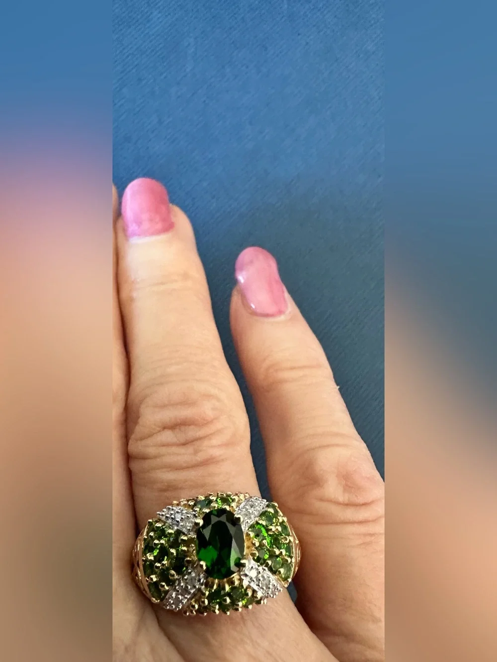 Solid 14K Gold Green Tourmaline Peridot Diamond Bombé Ring Sz 7